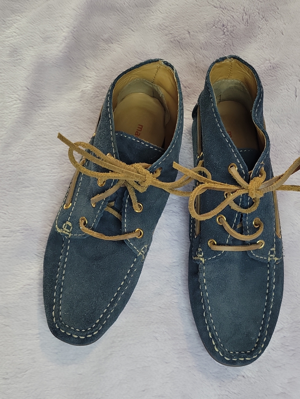 Marc Joseph Navy Suede Boat Shoes with Tan Laces